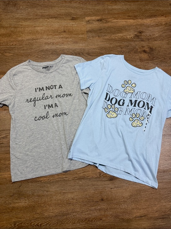 - Tops - Mom Graphic Tee Bundle - Gray 'Cool Mom' + Light Blue 'Dog Mom'
